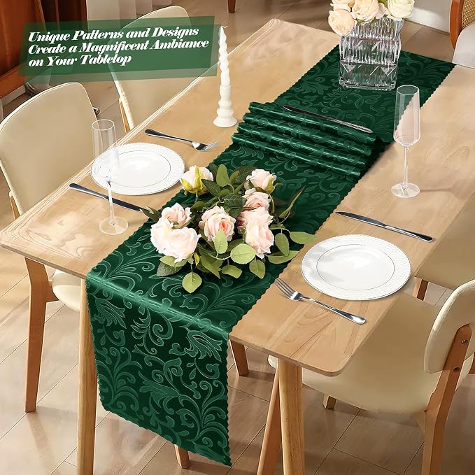 MILVOWOC 4 Pack Emerald Green Satin Damask Table Runner, 12 x 72 Inch, Rectangle, Luxury, Bright, Silky, Decorative, Perfect for Party, Banquet, Birthday, Wedding, Table Decor