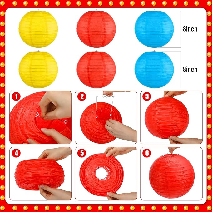 Outus 21 Pcs Carnival Party Decorations with Circus Hanging Paper Lanterns Fans Red Yellow Blue Paper Pom Poms Tissue Flowers for Carnival Circus Birthday Baby Shower Party Favors Supplies