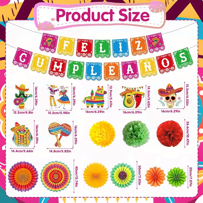Rakuto Feliz Cumpleaños Party Decoracion Set, 21PCS Mexican Birthday Party Decorations with Banners Hanging Swirls Paper Fans Paper Poms, Fiesta Themed Día De Los Muertos Cinco De Mayo Decor