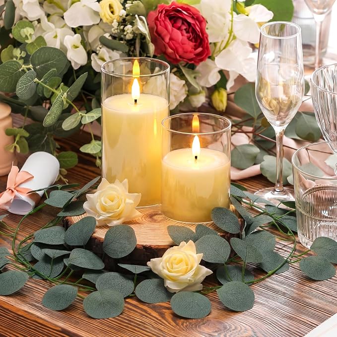 VIHOSE 36 Pcs Wooden Wedding Candle Centerpiece Includes 7.1"-7.9" Round Wood Slices, Eucalyptus Garlands, Flameless LED Candles and Artificial Roses for Wedding Country Farmhouse Table Decor, 6 Sets