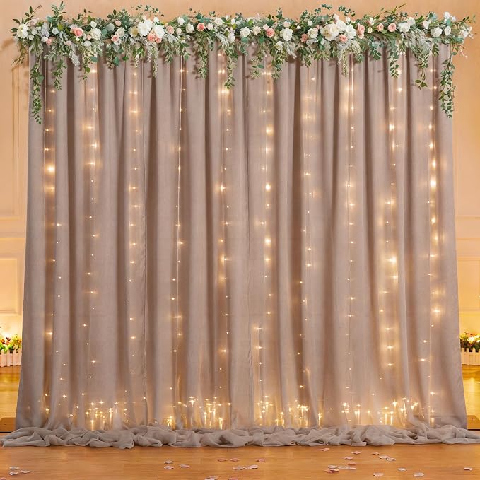 Wish Care 10ft x 7ft Dusty Khaki Chiffon Backdrop Curtain with Lights String for Parites Wedding Wrinkle Free Curtain Photo Backdrops Drapes for Baby Shower Birthday Party Home Decorations