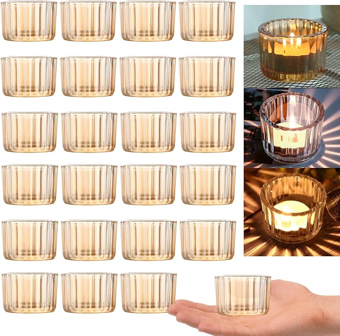 GOLDEAL Gold Tealight Candle Holder,Set of 48 Thick Glass,Tea Light Holders Bulk,Votive Candle Holders,for Wedding Table Decor,Party Supplies,Bridal/Baby Shower Decorations,Centerpieces for Tables