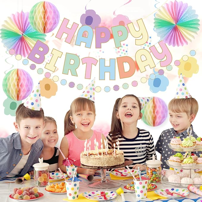 Pastel Birthday Decorations，Macaron Happy Birthday Banner， Pastel Honeycomb Balls, Flower Swirls, Garland, Hanging Paper Fans Decoration for Easter Party