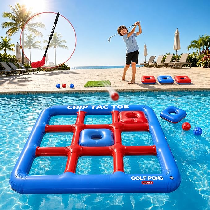 Golf Pong Chip Tac Toe Floating Pool Game - 4FT Inflatable Tic Tac Toe Pool Toy for Adults & Teens, Outdoor Games, Pool Party Games, Backyard Games & Yard Games (Club Included)