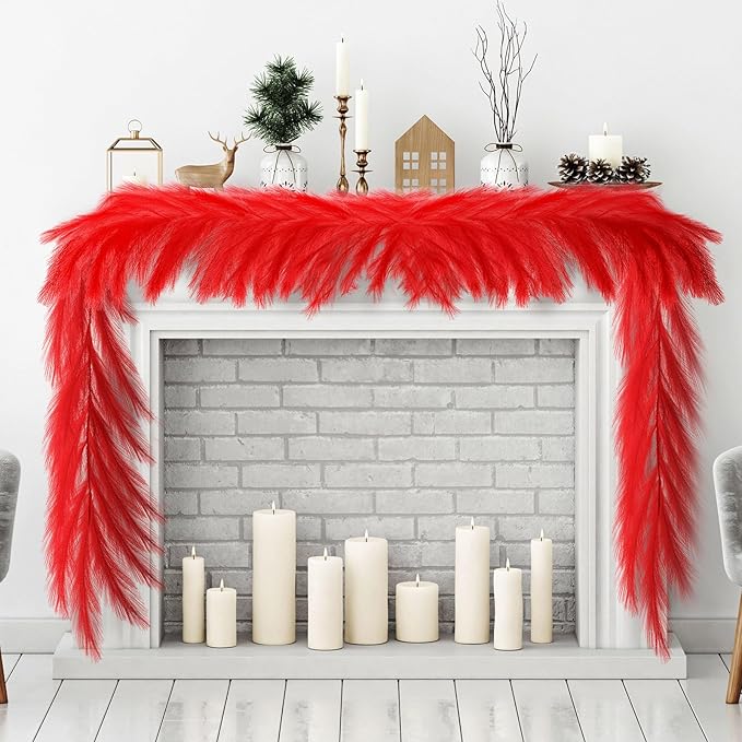 2025 2 Pcs 6 ft Christmas Tree Garland Decoration Pampas Grass Garland Faux Artificial Fabric Feathers Boho for Mantle Xmas Tree Home Farmhouse Christmas Holiday Party Supplies(Red)