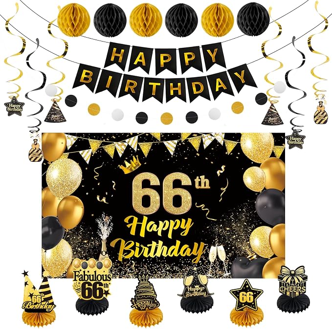Happy 66th Birthday Party Decoration: Including Birthday Banner Backdrop, Party Table Centerpieces and Hanging Swirl Party Streamers, Birthday Decor for Men and Women (Gold/Black, 66th Birthday)