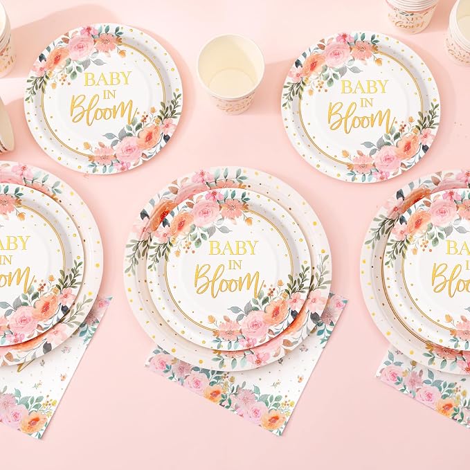 169 Pcs Baby in Bloom Baby Shower Decorations for Girl , Its a Girl Baby Shower Plates and Cups and Napkins Sets, Pink Floral Plates Serves 24, Spring Summer