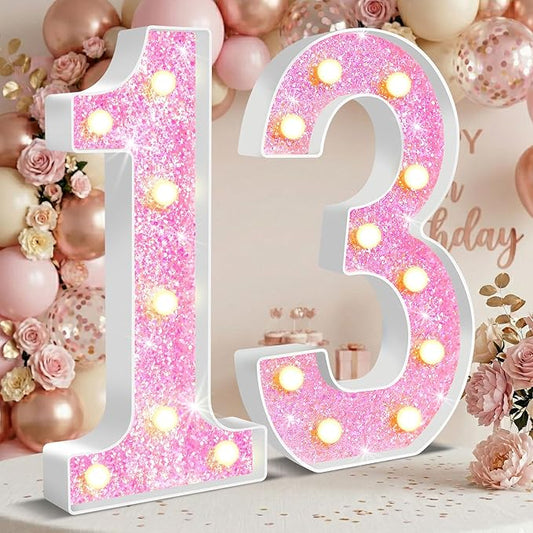 12.6 Inch LED Pink Marquee Light Up Numbers, Sweet 13th Birthday Decorations Number Lights as Gifts for Girls, Glitter Lighted Marquee Numbers for Pink Anniversary Party Table Decor, 13