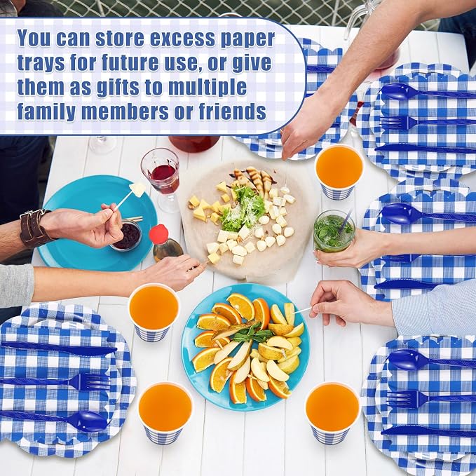 Funnymoom 400 Pcs Gingham Party Supplies for 50 Guests Dark Blue and White Paper Plates and Napkins Knives Spoon Fork Cup Disposable Checkered Dinner Party Set Cutlery for Baby Shower Wedding Favor
