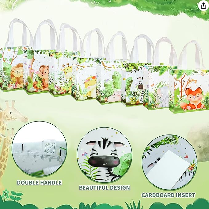 W WINTMING 24 Pcs Safari Party Favor Bags Jungle Animal Gift Bags Reusable Non Woven Safari Goodie Treat Candy Bags with Handles for Kids Birthday Party Baby Shower Decoration Supplies