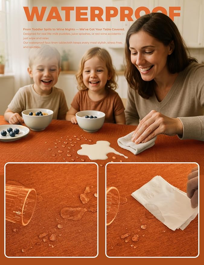 Decorelia Waterproof Wipeable Table Cloth Rectangle Table for Wedding, Faux Linen Rustic Reusable Rectangular Table Cloth Cover for Dining, Party & Camping(Oblong,60 x 104 Inch (8-10 Seats), Rust)