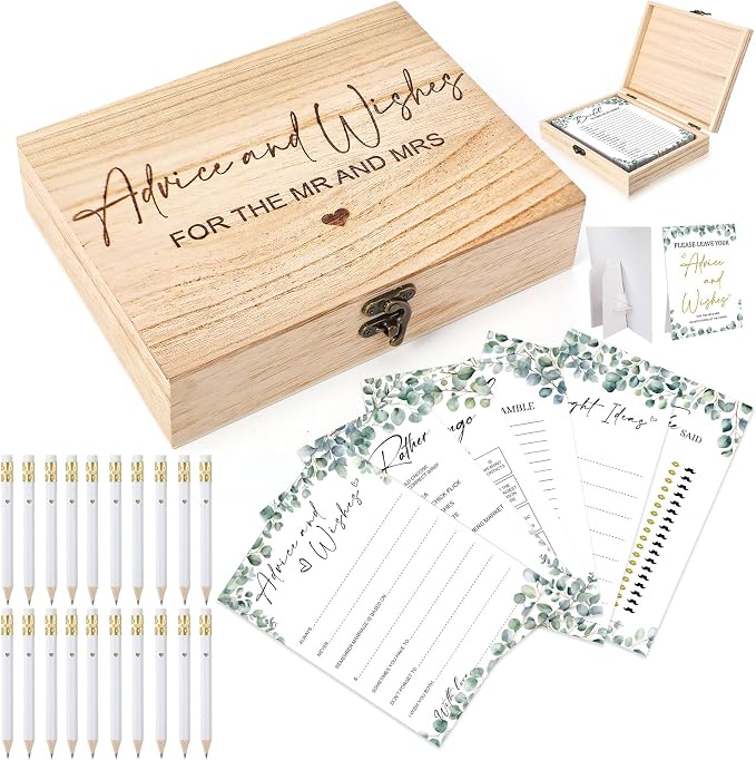 Silipull Bridal Shower Games Set for 50 Guests Includes Bingo, He Said She Said, Scramble, Would She Rather, Advice and Wishes Wedding Games Double Sided with Wooden Box, 20 Pencils(Eucalyptus)