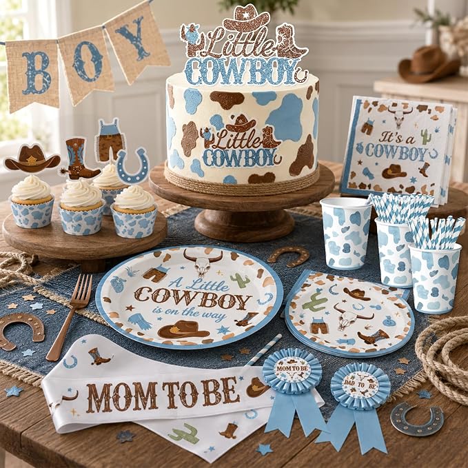 Cowboy Baby Shower Decorations for Boy, All-in-1 Retro Western Baby Shower Decorations with Balloon Arch Baby Boxes Plates Napkins Cake Toppers Tablecloth Backdrop Banner for Cowboy Rodeo Baby Shower