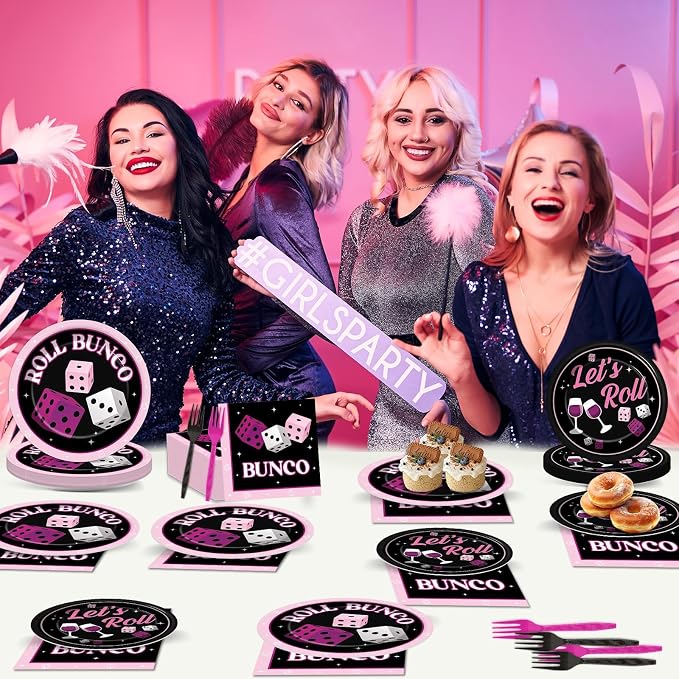 96Pcs Bunco Party Decorations Card Game Themed Tableware Pink Black Bunco Plates Napkins Forks And Napkins Let’s Roll Dinnerware Casino Night Bachelorette Party Supplies for Birthday Serves 24 Guests