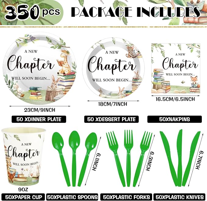 Dandat 350 Pcs Baby Shower Plates Set Baby Shower Party Supplies Serves 50 Tableware Sets Include Plates Napkin Cup Forks Knives Spoons Disposable Dinnerware(Storybook,Green)