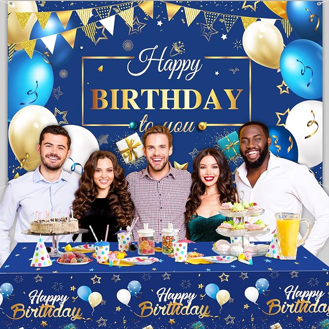 Moukeren Navy Blue and Gold Birthday Party Decorations 56 Pcs Happy Birthday Photography Backdrop Banner Tablecloths Confetti Balloons Kit for Boys Girls Men Women Party Supplies Decor
