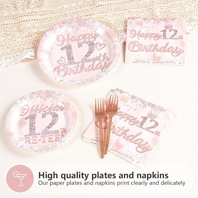 Grencian 12th Birthday Decorations Rose Gold 12th Birthday Plates and Napkins Disposable Rose Gold Official 12 Pre-Teen Paper Tableware Set for Girls 12 Year Old Graduation Party Supplies, Serves 24
