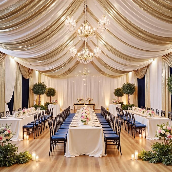 gogoparti 20x20FT Champagne Shimmer Backdrop Curtains for Weddings Parties - 4 Panels of Extra Long 5x20FT Drapes, Includes Dual Pole Pockets, Wrinkle-Free Fabric for Party, Tent Decoration
