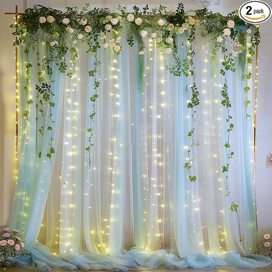 10×8ft Blue Tulle Curtain Backdrop with Lights String for Parites, Sheer Backdrop Curtain Drapes for Wedding Photo Baby Shower Photography Birthday Party