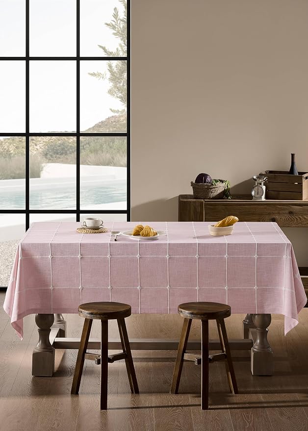 ZeeMart Grid Embroidered Hemmed Tablecloths, Pink 52x70 Inch, Farmhouse Style Heavy Weight Cotton Linen Pink Tablecloths, Boho Plaid Water Resistant Rectangle Table Cloth