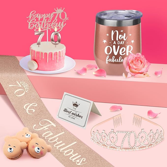 70th Birthday Decorations for Women with 70th Birthday Sash and Crown, Cake Topper and Candles, 12oz Wine or Coffee Tumbler Mug with Lid, 70 Year Old Gifts for Women
