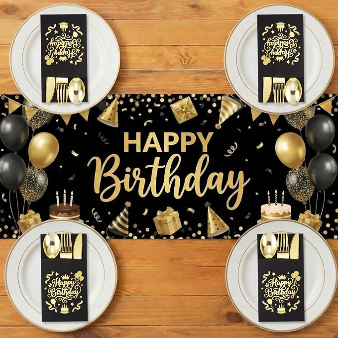 LemonRoad 50 Sets Happy Birthday Plastic Silverware Black and Gold Disposable Prefolded Cutlery Includes Forks Knives Spoons Linen Paper Napkin Tableware for 40th 50th 60th Birthday Party Decorations