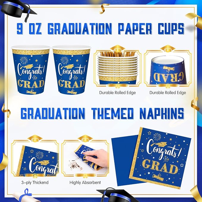 Domensi 400 Pcs 2026 Graduation Decorations Plates and Napkins and Cups Set Serve 50, Blue and Gold Graduation Party Supplies, Class of 2026 Paper Tableware 9oz Cup Knife Fork Spoon Congrats Grad