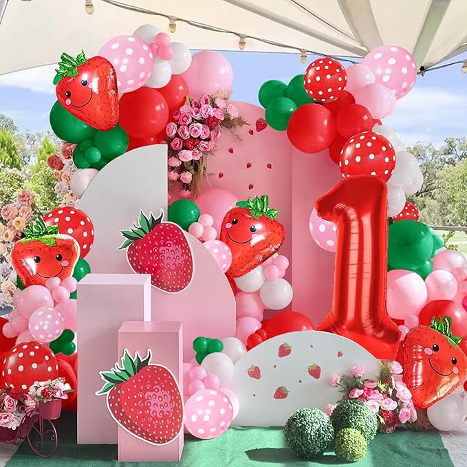 Strawberry Party Decoration Balloon Garland Arch Kit, 143Pcs Red Pink Balloons Strawberry Foil Balloons for Sweet One Boy Girl Berry First Themed Birthday Party Supplies & Baby Shower Decoration