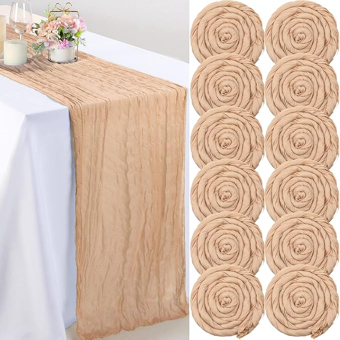 Foaincore 12 Pack Champagne Cheesecloth Table Runner 13Ft Boho Gauze Table Runner Rustic 157" Long Cheese Cloth Romantic for Wedding Bridal Baby Shower Arbor Decor