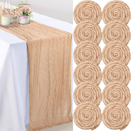 Foaincore 12 Pack Champagne Cheesecloth Table Runner 13Ft Boho Gauze Table Runner Rustic 157" Long Cheese Cloth Romantic for Wedding Bridal Baby Shower Arbor Decor