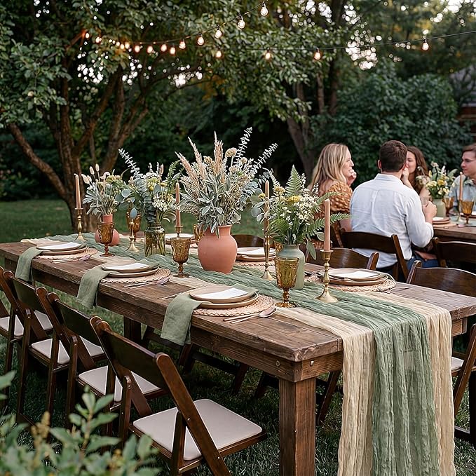 8 Pcs Sage Green and Brown Cheesecloth Table Runner Boho Gauze Cheese Cloth Runner 118" Rustic Table Decor for Woodland Baby Shower Wedding Bridal Jungle Safari Birthday Party Home Arbor Decorations