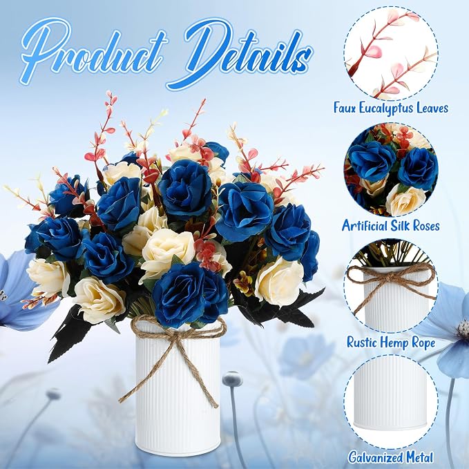 Domensi 12 Sets Wedding Centerpiece for Table Artificial Rose with Vase Fake Bouquets and Metal Pot Flower Arrangements for Bridal Shower Birthday Party Event Table Decor (Dark Blue)