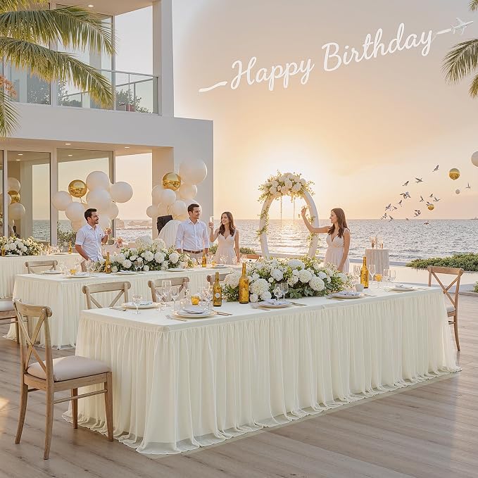 2-Pack Ivory Tulle Tablecloth for 8 Ft Rectangle Tables – Elastic Spandex Table Cover with Tutu Skirt, Wrinkle Free for Wedding, Birthday Party, Banquet Buffet, Craft fairs