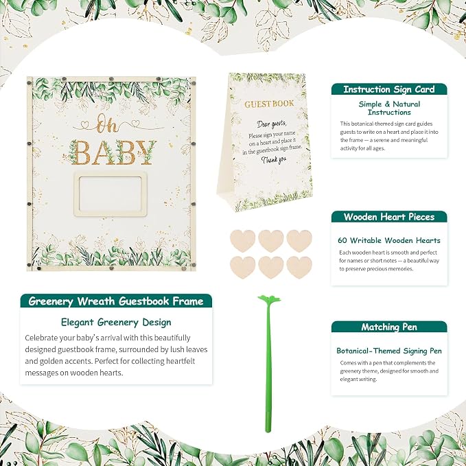 Sage Green Baby Shower Decorations, Guest Book Alternatives with Four Leaf Clover Pen, 60 Heart Wood Slices for 60 Guests, Boy or Girl Gender Reveal Decorations