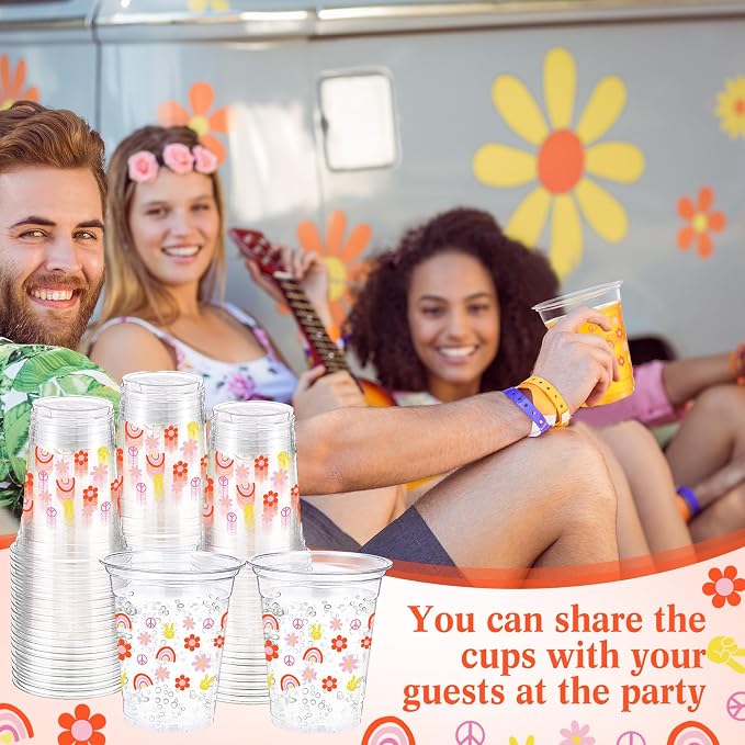 Funnymoom 60 Pack Groovy Cup 12 oz Daisy Flower Disposable Clear Plastic Boho Retro Hippie Drinking Cups for 60s 70s Groovy Themed Birthday Baby Shower Party Decorations Supplies