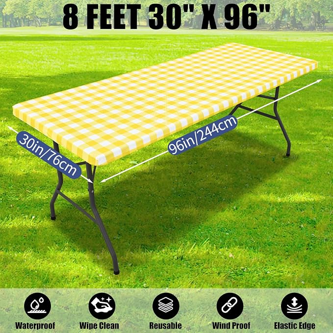 Smiry Picnic Table Cloth 4 Pack, Waterproof Elastic Fitted Tablecloths for 8FT Rectangle Tables, Washable Polyester Buffalo Plaid Tablecloth for Camping, Dining & Outdoor (Yellow & White, 30" x 96")