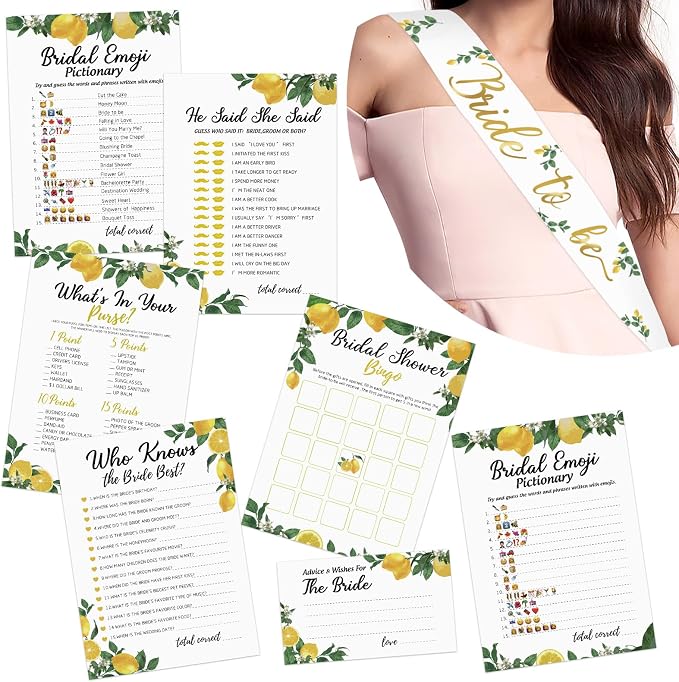 Lemon Bridal Shower Game with Bride to Be Sash-Set of 6 Activities Lemonade Bridal Shower Bachelorette Before Wedding for 50 Guests- 300 Cards 50 Per Game