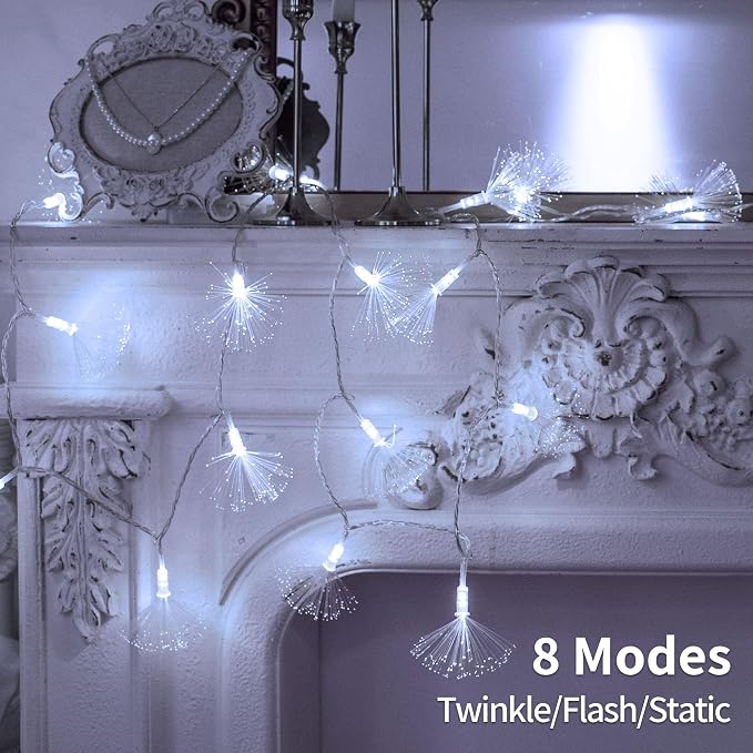 33FT 80 LED Fiber Optic Fairy String Lights Starburst Firework Light Battery Powered for Wedding, Christmas Tree, Garden, Patio, Party Decoration (White)