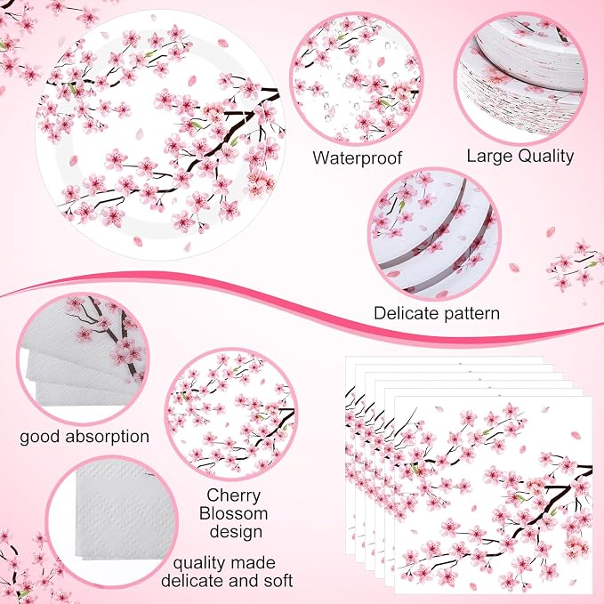Funnymoom 200 Pcs Cherry Blossom Party Supplies Serve 50 Guests Pink Spring Floral Paper Plates and Napkins Japanese Disposable Dinner Dessert Plates for Bridal Shower Wedding Party