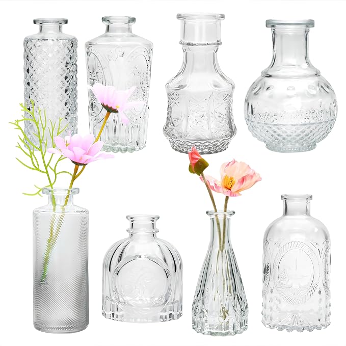 Clear Flower Vase Set, Glass Bud Vase in Bulk Set of 8,Artistic and Cultural Flavor Mini Vases for Home Office Decor, Bedroom, Office, Living Room Decorations,Wedding
