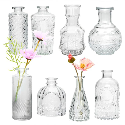 Clear Flower Vase Set, Glass Bud Vase in Bulk Set of 8,Artistic and Cultural Flavor Mini Vases for Home Office Decor, Bedroom, Office, Living Room Decorations,Wedding