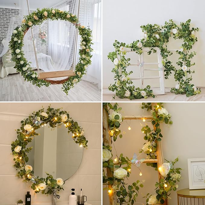 Yastouay 6 Ft Fuller White Flower Garland with Butterfly, Artificial Eucalyptus Garland with Flowers Fake Rose Vine Garland for Table Centerpiece Wedding Arch Baby Shower Party Room Backdrop Decor