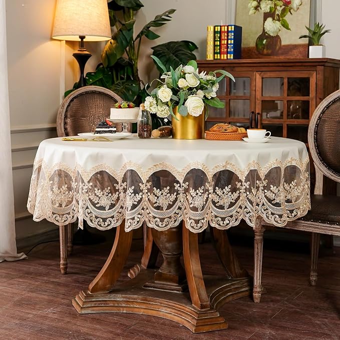 ARTABLE Lace Tablecloth Rectangle Waterproof Table Cover with Exquisite Macrame Border for Wedding Kitchen Holidays Party Decor (Beige, 60 Inch Round)