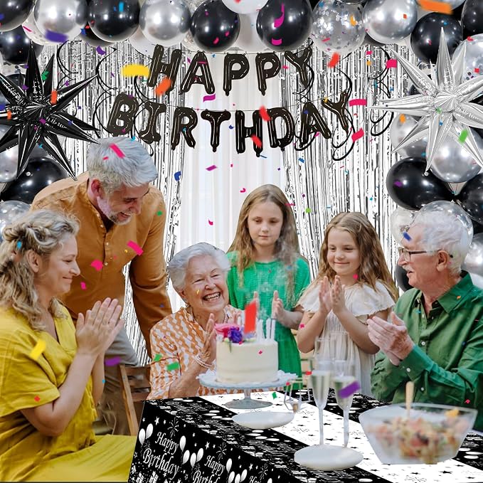 Black Silver Birthday Party Decorations for Men Women, Party Decorations Kit with Black Happy Birthday Banner, Star Balloon, Silver Fringe Curtain, Hanging Swirls for DIY Theme Bday Party