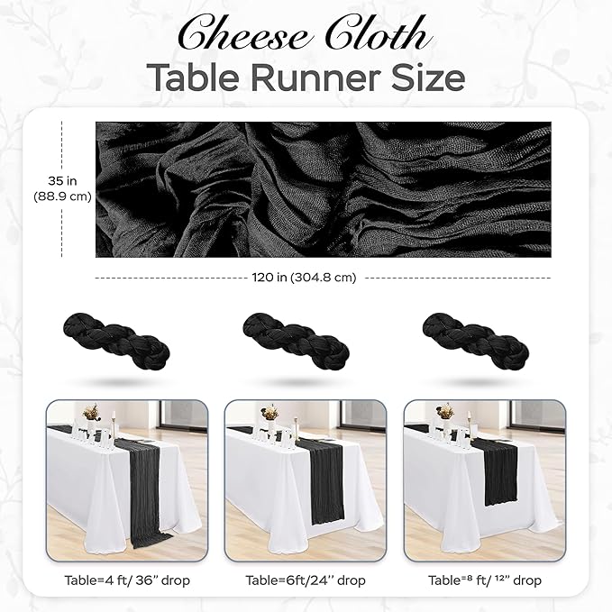 Cheesecloth Table Runner 6 Pack – 35x120 Inch (10ft) Boho Rustic Gauze Cloth Runners – Crinkle Polyester Table Decor for Wedding, Baby Shower, Bridal Shower, Birthday Party and More (Black)