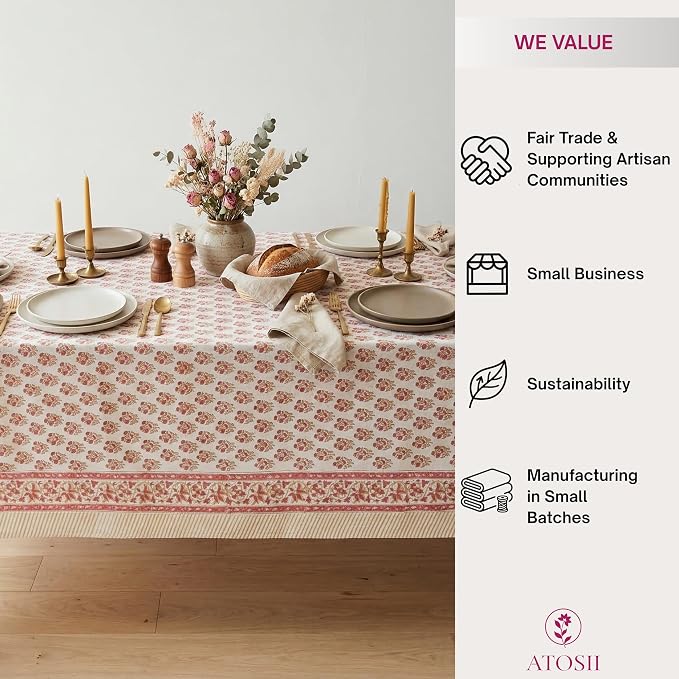 ATOSII Ivy Red 100% Cotton Rectangle Spring Summer Tablecloth, Handblock Floral Print Linen Table Cloth for Kitchen Dining I Parties, Weddings, Outdoors, Easter Decor 60 X 108 Inches, 8 Seater