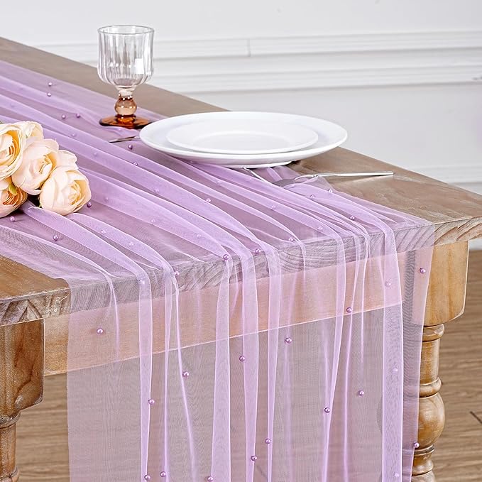 LuoluoHouse Pearl Tulle Table Runner Fabric: 10ft Wedding Veil Seasonal Dessert Light Purple Chiffon Pearl Lace Boho Overlay Wedding Aisle Runner Party Decorations Doilies
