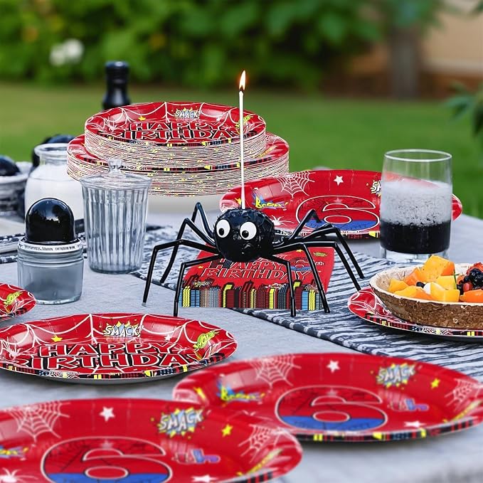 Grencian 96Pcs Cartoon Spider 6th Birthday Party Decorations Red Blue Spider Birthday Party Plates and Napkins Disposable Super Theme Tableware Set for 6 Year Old Boys Party Decorations Serves 24