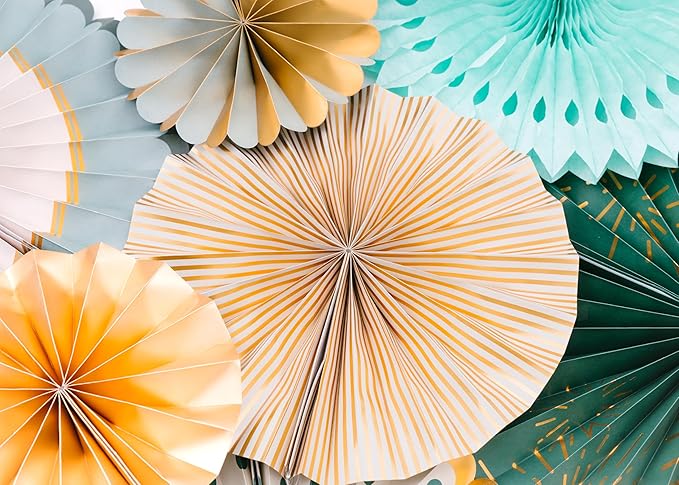PapaKit 8-Piece Origami Paper Fan Set - Sage Green & Metallic Gold | Reusable Hanging Pinwheel Wall Decoration for Baby Shower, Wedding Backdrop, Eucalyptus Birthday Party & Bridal Shower