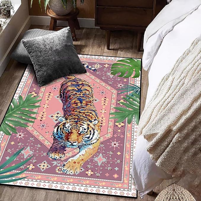 Pink Tiger Area Rug 3' x 5' Tropical Animal Carpet for Kids Bedroom Living Room Nursery Jungle Leaf Floor Mat Modern Aesthetic Non-Slip Doormat Carpet Home Decor